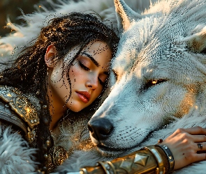 Grafika, Wilk, Wojownik, Kobieta, Zbroja, Biały