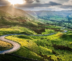 Derbyshire, Wyżyna Peak District, Wzgórze Mam Tor, Anglia, Łąki, Wzgórza, Droga
