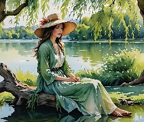Wierzby, Drzewa, Jezioro, Trawa, Kapelusz, Malarstwo, Kobieta