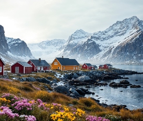 Chmury, Domy, Góry, Grafika, Jezioro, Kwiaty, Śnieg