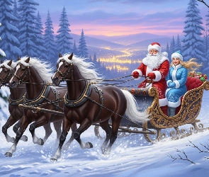 Grafika, Drzewa, Mikołaj, Ośnieżone, Śnieżynka, Sanie, Zima, Zaprzęg, Konie