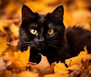 Grafika AI, Liście, Czarny, Kot