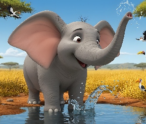 Grafika, Woda, Słoń, Ptaki