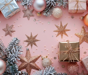 Tło, Kokardy, Prezenty, Różowe, Gałązki, Boże Narodzenie, Szron, Bombki, Kompozycja, Gwiazdy