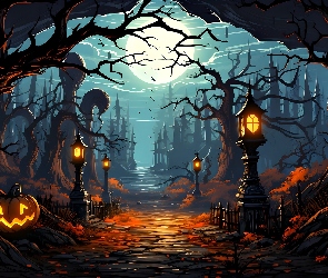Halloween, Księżyc, Droga, Grafika, Latarnie, Dynie, Drzewa