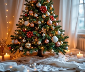 Świece, Kominek, Choinka, Boże Narodzenie, Okno, Firanka