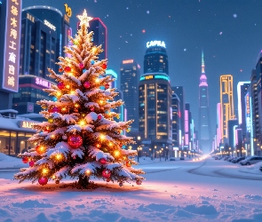 Wieżowce, Choinka, Boże Narodzenie, Zima, Miasto