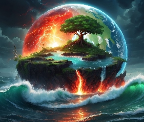 Ogień, Drzewo, Morze, Pioruny, Wyspa, Fantasy, Planeta