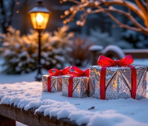 Grafika AI, Latarnia, Prezenty, Srebrne, Ławka, Śnieg