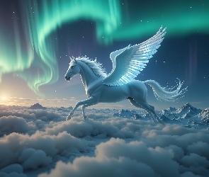 Zorza polarna, Pegaz, Koń, Chmury, Skrzydła, Fantasy, Biały