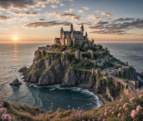Zamek, Grafika, Zachód słońca, Skała, Morze
