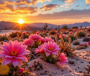 Kwiaty, Różowe, Góry, Promienie słońca, Piasek, Kaktusy