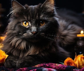 Kot, Grafika, Świece, Róże, Czarny