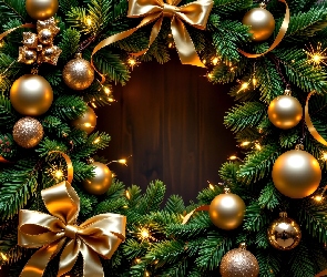 Boże Narodzenie, Kokardy, Wianek, Grafika AI, Złote, Świąteczny, Bombki