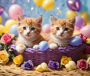 Koty, Kwiaty, Dwa, Koszyk, Baloniki, Kocięta, Grafika, Róże