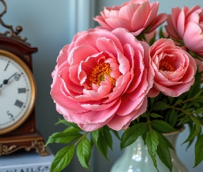 Zegar, Różowe, Kwiaty, Piwonie