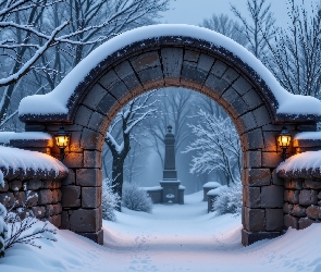 Zima, Śnieg, Kamienny, Zima, Łuk, Latarnie