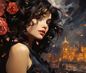 Kobieta, Domy, Miasto, Kwiaty, Grafika