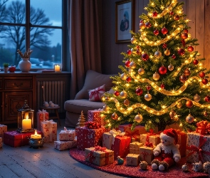Świece, Prezenty, Salon, Boże Narodzenie, Choinka, Okno