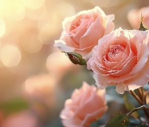 Grafika, Światło, Róże, Kwiaty, Różowe, Pąki