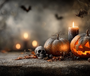 Grafika AI, Halloween, Dynie, Czaszka, Świece, Pajęczyna