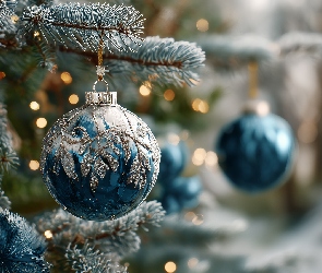 Grafika AI, Boże Narodzenie, Bombka, Niebieska, Gałązki, Świerka