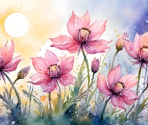 Rozwinięte, Grafika, Słońce, Kwiaty, Różowe