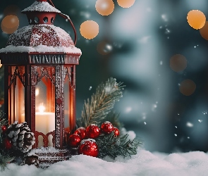 Lampion, Boże Narodzenie, Bombki, Gałązki, Śnieg