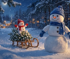 Sanki, Bałwanki, Zima, Las