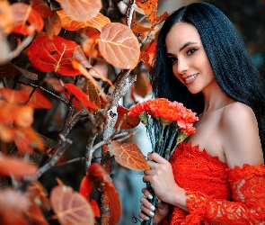 Bukiet, Liście, Czerwona, Goździki, Jesień, Dziewczyna, Sukienka