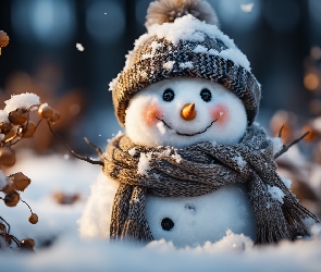 Śnieg, Szalik, Zima, Czapka, Suche, Bałwan, Rośliny, Uśmiech