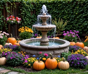 Ogród, Fontanna, Dynie, Kwiaty