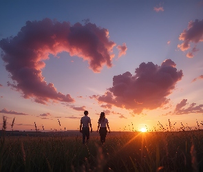 Niebo, Słońca, Zachód, Chmury, Para, Postacie, Spacer, Pole, Ludzie, Wieczór