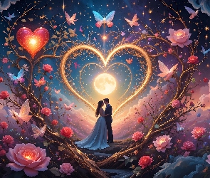 Miłość, Kwiaty, Ludzie, Serce, Grafika