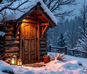 Śnieg, Rozświetlone, Zima, Szopa, Ośnieżone, Dom, Drzewa, Lampiony