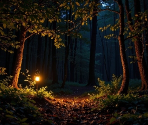Grafika AI, Drzewa, Las, Noc, Droga, Latarnia