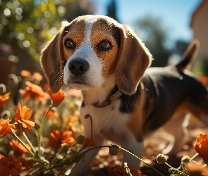 Pies, Grafika, Kwiaty, Szczeniak, Beagle