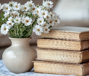 Książki, Wazon, Kwiaty, Białe