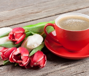 Filiżanka, Tulipany, Kwiaty, Kawa, Czerwona