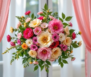 Grafika AI, Zasłony, Bukiet, Wiszący, Kwiaty, Okno