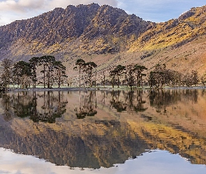Kumbria, Odbicie, Jezioro, Anglia, Drzewa, Góry, Buttermere Lake
