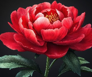 Czerwona, AI, Liście, Piwonia, Kwiat