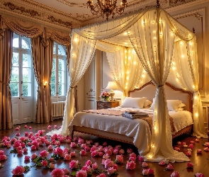 Łóżko, Kwiaty, Sypialnia, Okna, Lampy, Baldachim, AI, Róże