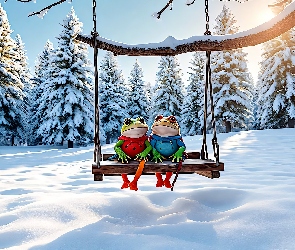 Drzewa, Huśtawka, Zima, Żaby