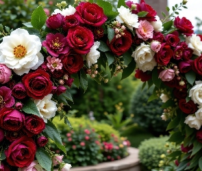 Róże, Białe, Kwiatowy, Kwiaty, Czerwone, Ogród, Łuk