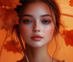 Twarz, Grafika AI, Liście, Dziewczyna, Kobieta