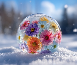 Grafika AI, Zima, Kula, Szklana, Kwiaty, Śnieg