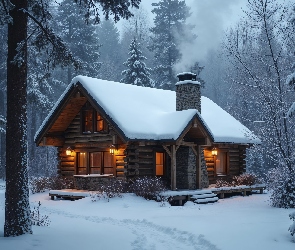 Dom, Ośnieżony, Las, Oświetlony, Śnieg, Zima, Drzewa