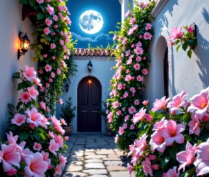 Dom, Grafika, Kwiaty, Różowe, Dziedziniec, Noc