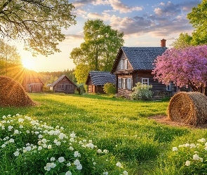 Kwiaty, Słoma, Domy, Drzewa, Bele, Wieś, Trawa